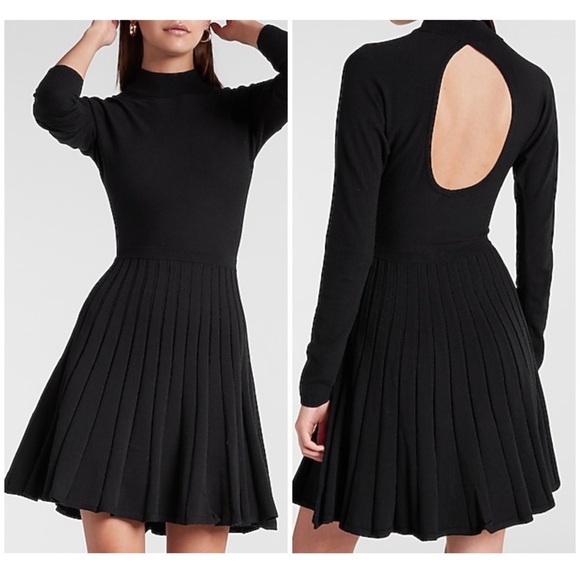 EXPRESS Black Pleated Open-Back Sweater Dress - Picture 1 of 10